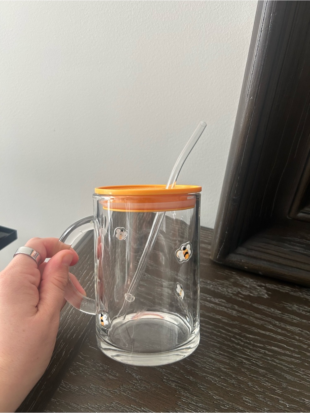 Clear Glass Mug with Orange Lid and Straw - Cute Bee Accents